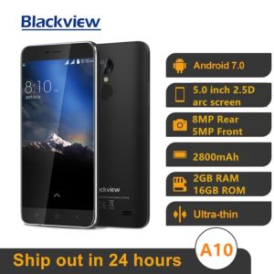 Blackview – Smartphone A10 MT6580A, téléphone portable, 2 go de ram, 16 go de rom, processeur Quad Core, écran 5 pouces HD, 3G, Android 7.0, lecteur d'empreintes digitales, caméra 8 mp, batterie 2800mAh, nouveau 1