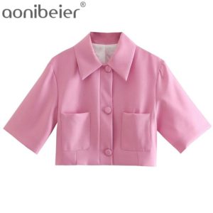 Aonibeier D'été Mince Manches Courtes Revers Poches Plaquées Simple Boutonnage Blazers Occasionnels Femmes Coupe Régulière Récolte Costume Vestes Rose 1