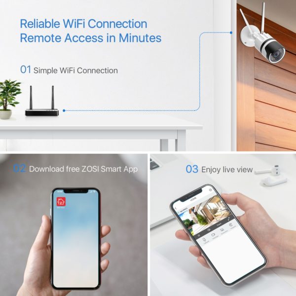 ZOSI – caméra de Surveillance extérieure IP Wifi hd 2MP/1080P, dispositif de sécurité sans fil, étanche, avec Vision nocturne à infrarouge et Audio, codec H.265 4