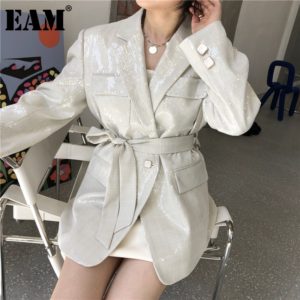 EAM – Blazer Beige grande taille à paillettes pour femme, veste à revers à manches longues, coupe ample, mode Tide printemps automne 2021 1DA501 1