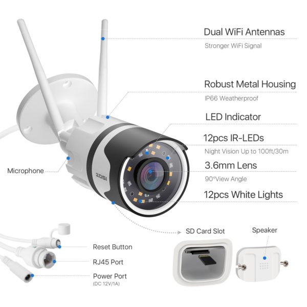 ZOSI – caméra de Surveillance extérieure IP Wifi hd 2MP/1080P, dispositif de sécurité sans fil, étanche, avec Vision nocturne à infrarouge et Audio, codec H.265 6