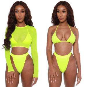 Cache maillot trois pièces en maille jaune néon pour femme, haut court, vêtements de plage à manches longues, sexy, été, 2020 1