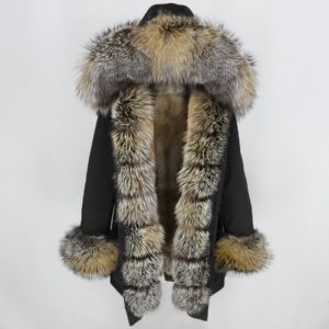 OFTBUY – Veste longue imperméable pour femme, manteau en vraie fourrure de renard, naturelle, capuche épaisse et chaude streetwear, détachable, nouveauté 1