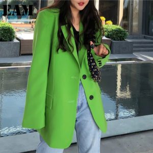 EAM – Blazer vert fendu grande taille pour femme, veste à revers à manches longues, coupe ample, mode Tide printemps automne 2021 1DA452 1