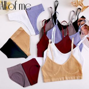 Ensemble de 2 pièces de soutien-gorge pour femmes, sous-vêtements féminins, Sexy, Lingerie, hauts côtelés, à la mode, brassière basique, extensible 1