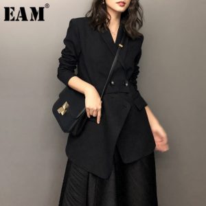 EAM – Blazer noir à manches longues pour femme, veste irrégulière fendue, coupe ample, à la mode, nouvelle collection printemps automne 2021, 1W521 1