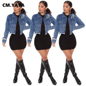 CM.YAYA Aumutn Décontracté Femmes Denim Manteau trou À Manches Longues manteaux veste à franges denim veste femmes 1