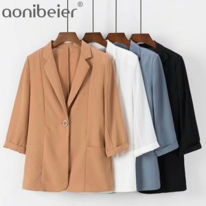Aonibeier D'été Automne Mince Trois Quarts Style Manchon De Rouleau Simple Bouton Femmes Droites Blazers Bureau Dame Costume Décontracté Veste 1