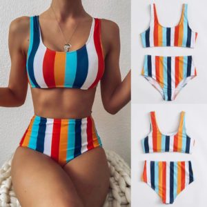 Sexy Maillot De Bain Rayé Femmes 2021 Push Up Taille Haute Bikini Ensemble De Bikini Licou Évider Imprimé Maillot de bain Deux Pièces Maillot De Bain 1