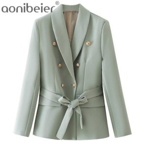 Aonibeier Bureau Dame Vert Blazers Occasionnels Automne Printemps Manches Longues En Métal Double Boutonnage Femmes Veste de Costume Avec écharpes 1