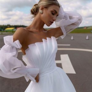 Robe de mariée élégante blanche, style Boho, plissée, manches longues bouffantes, Couture, printemps, 2021 1