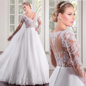Merveilleuse robe de mariée en Tulle, décolleté en v, corsage transparent, coupe A-line, manches longues, Illusion de dos 1