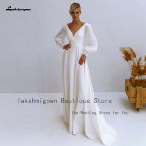 Lakshmigown – Robe de mariée en Satin, grande taille, style Boho, manches longues, dos ouvert, froncé, coupe trapèze, 2022 1