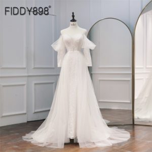 Fidy898 – Robe de mariée en dentelle et Tulle, coupe A-Line, col en V, manches longues 1