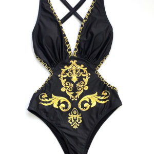 Vigoashely – maillot de bain imprimé noir, Sexy, Vintage, une pièce, Monokini, décolleté en V, vêtements pour la plage, pour les femmes, tendance 2022 1