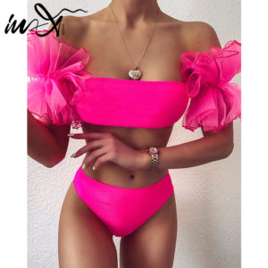 In-x – maillot de bain en maille à volants, bandeau Sexy, sans bretelles, taille haute, noir, rose, ensemble deux pièces, pour femmes, 2021 1