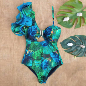 Maillot de bain asymétrique à imprimé floral et épaule à volants pour femme, monokini sexy à porter à la plage 1