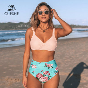 CUPSHE – maillot de bain à fleurs rose et vert, ensemble deux pièces, taille haute, col en cœur, Sexy, pour femmes, vêtements de plage 1