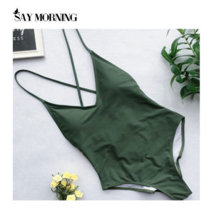 SAY MORNING – Maillot de bain une pièce avec col en V profond,bikini avec coussinet amovible pour poitrine, sexy, dos nu, solide, pour la natation, 1