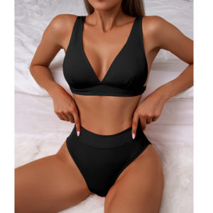 COOBBU – Bikini rainuré, maillot de bain femme, ensemble femme 2 pièces, bikini femme, taille haute, Push-Up, col en v, Sexy, couleur unie, ensemble deux pièces, plage, 2022, maillot de bain femme, costume femme 1