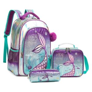 BIKAB – sac à dos d'école pour filles 16 pouces, sac à dos à paillettes avec boîte à déjeuner, ensemble de fournitures scolaires pour femmes et filles 1
